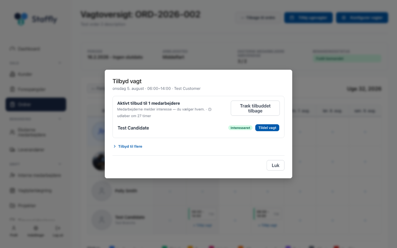 Dialogen "Tilbyd vagt" med kandidater og interesse-status