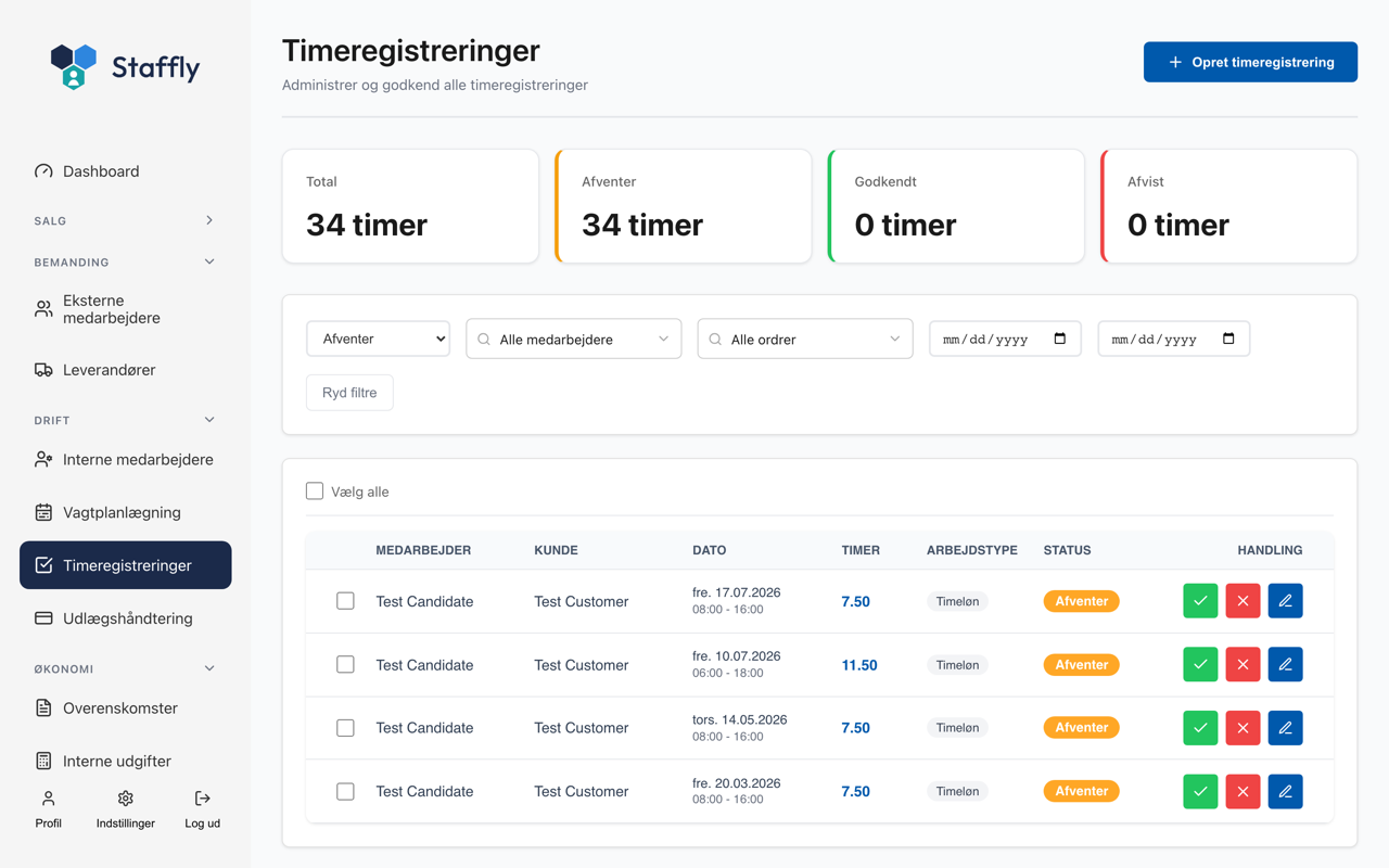 Godkendelse af timeregistreringer i Staffly