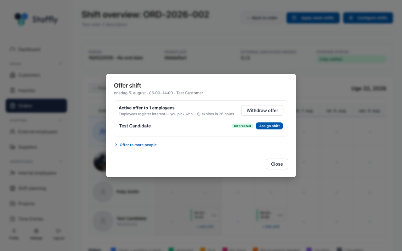 The "Offer shift" dialog with candidates and interest status